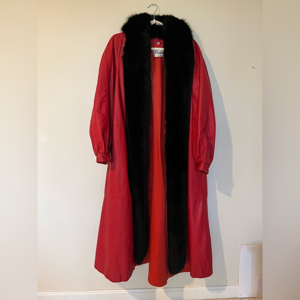 Red vintage real leather/ real fur long and warm jacket
